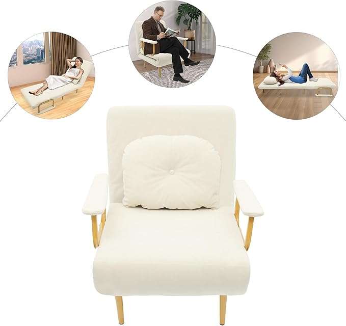 Sofa Cama Individual4-in-1 Convertible Sofa Bed Sleeper Chair5 Position Adjustable BackrestTechnology FlanneletteMetal LegModern Recliner Guest Bed for Nursery Living Room Office (Off-white)