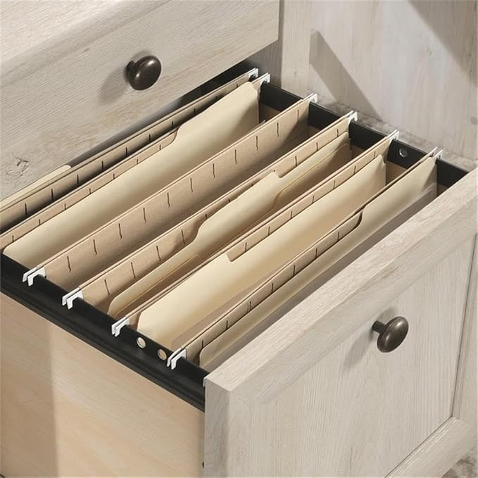 Pemberly Row L-Shaped Engineered Wood Desk Chalked Chestnut Finish 59 in Wide Built-in File Drawer Cord Management Lower Shelf Storage Home Office Executive Desk for Work or Study Use