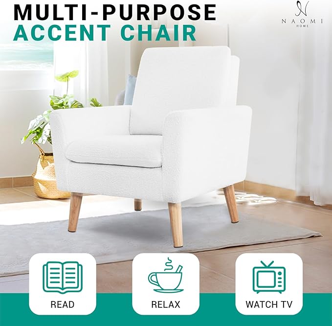 Naomi Home Frida Mid - Century Accent Chairs Set of 2 Durable Wood Frame Living Room Chairs Set of 2 Reading Chair with armrest Soft Teddy Fleece Side Chair Oak Legs arm Chairs - White