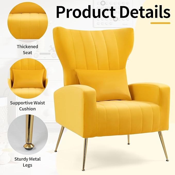 Modern Velvet Accent Chair with Arm &amp Wingback Living Room Bedroom Side Chair with Gold Metal Legs &amp Lumbar Pillow Channel Tufted Yellow