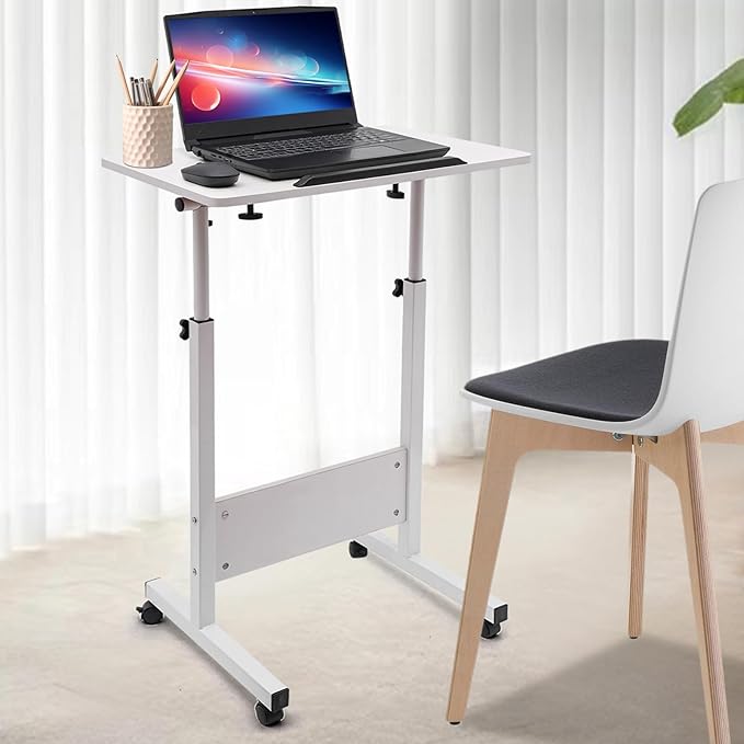 Small Standing Desk with Wheels Adjustable Height Laptop Rolling Stand Up Table Portable Mobile Book Stopper Workstation Desk for Home Office (16×24 - White)