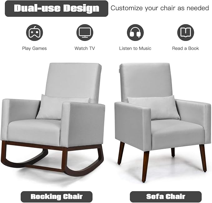 Giantex Set of 2 Rocking Chair Fabric High Back Armchair with Waist PillowWooden Tapered &amp Rocking Dual Legs Multifunctional Upholstered Accent Chair for Nursery Living Room Bedroom RockerSliv