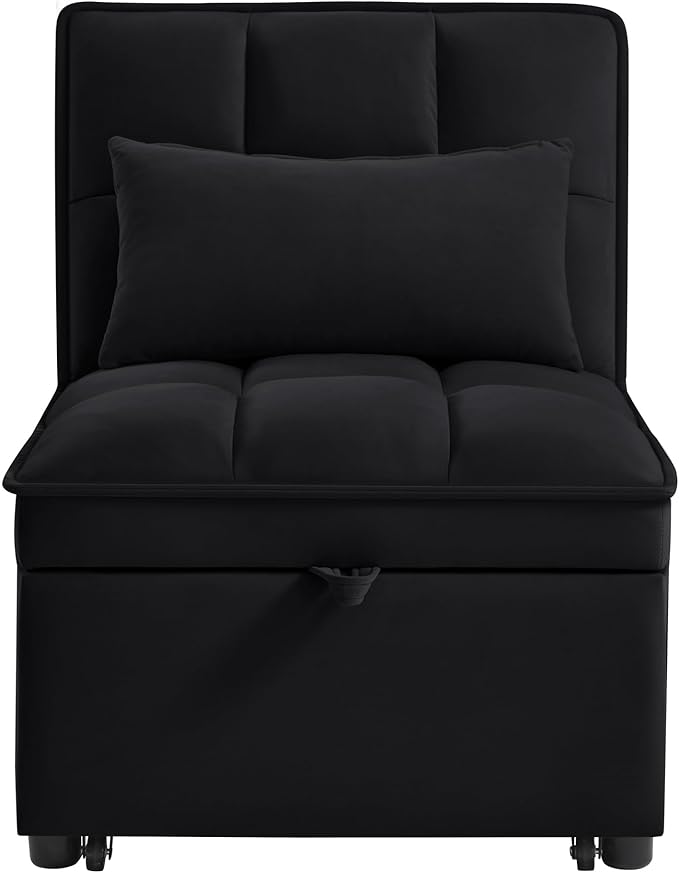 4 in1 Multi-Function Single Sofa Bed with Storage PocketsTufted Single Pull-Out Sofa Bed with Adjustable Backrest and PillowsConvertible Chaise Loungefor Small Room Apartment (Black)