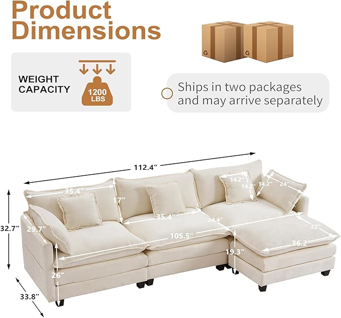 Furniliving 112‘’ L-Shaped Sofa Luxury Chenille Modular Sectional Couches with Ottoman Upholstered Deep Seat Sleeper Sofa with Memory Foam and Waist Pillows Beige