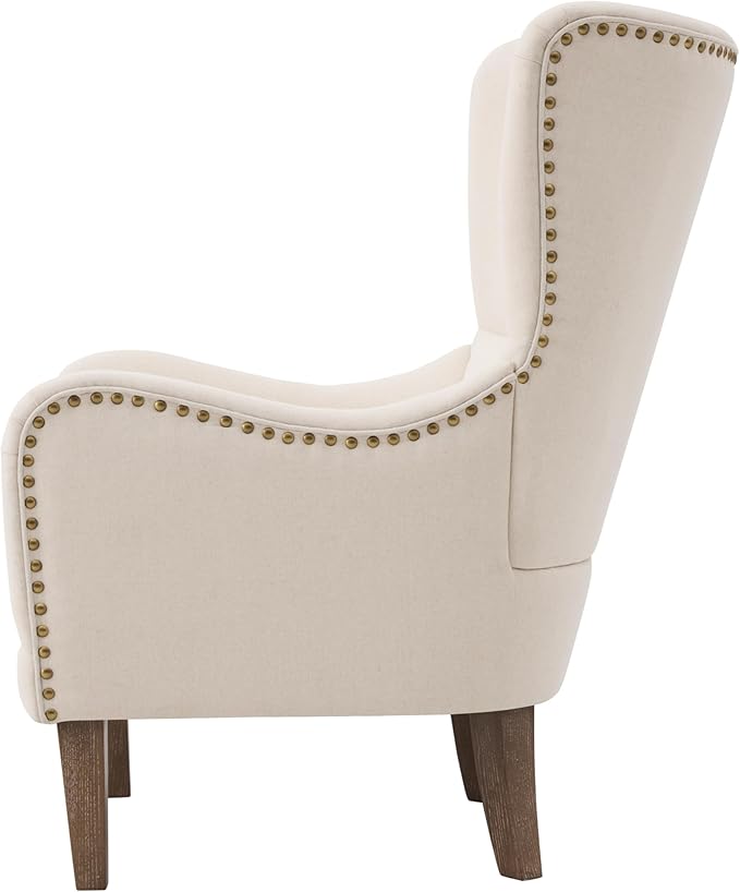 Mid-Century Modern Wingback Club Chair Fabric Living Room High-Back Accent Chair Classic Armchair for Apartment Office Studio Beige