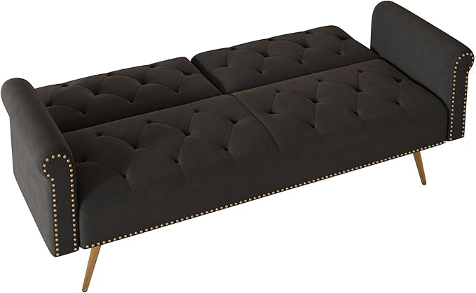 69.7'' Convertible Velvet Sleeper Sofa Bed Upholstered Futon Couch with Nail Head Trim and 2 Matching Throw Pillow for Living Room Bedroom Home Office (Black)