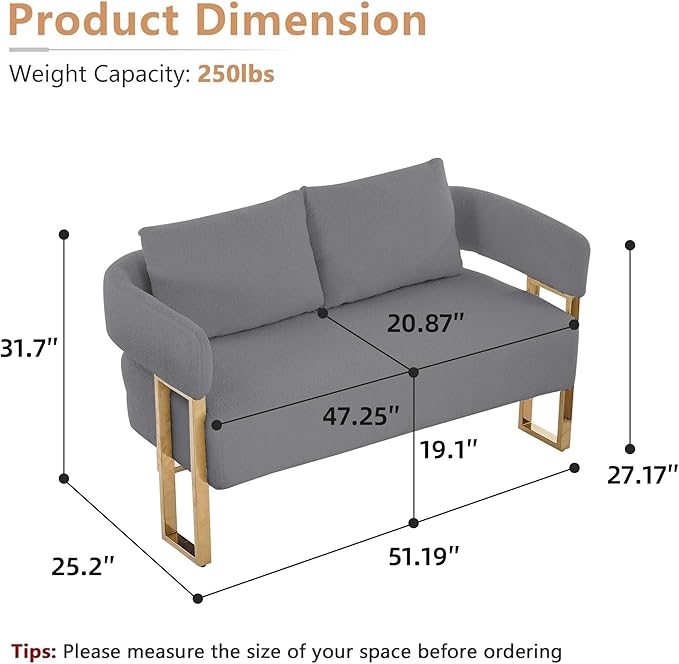 Teddy Fabric Accent Chair Modern Side Chair with Gold Metal Legs 51 Inch Wide Upholstered Loveseat for Living Room Dressing Area Office (Grey+Gold)