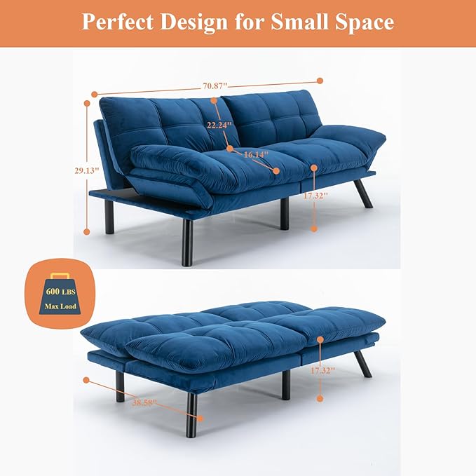 Anwick Futon Sofa Bed Velvet Convertible Futon Sleeper Couch 71 Sleeper Sofa Bed with Adjustable Backrest Modern Loveseat Couch for Compact Living Room Apartment Office (Blue)