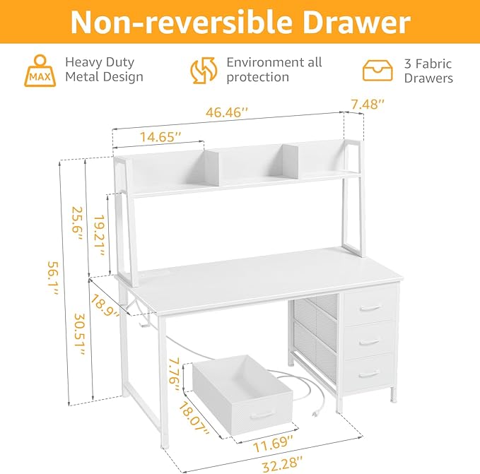 DLisiting White Computer Desk with Hutch &amp Drawers - Office Desk with 3 Storage Drawers and Power Outlets 47 Inch Modern Study Writing Desk for Bedroom Home Office