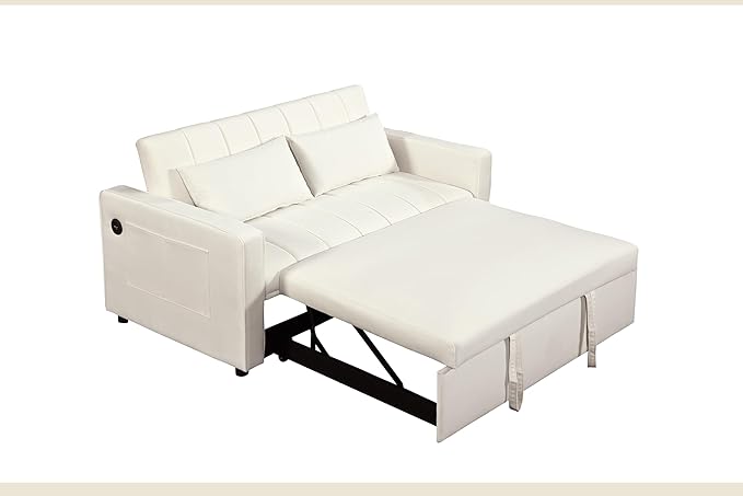 Sleeper Sofa Velvet Pull Out Sofa Bed Convertible Sofa Adjustable Backrest Loveseat Sofa Couch with USB Charging &amp Side Pocket for Living Room OfficeSmall Space-Beige