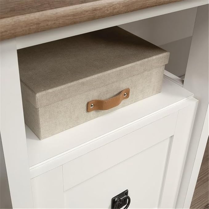 Pemberly Row L-Shaped Engineered Wood Computer Desk Glacier White Finish File Drawer Grommet Holes Cord Management Lower Shelf Modern Farmhouse Home Office Desk