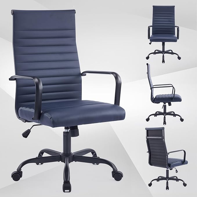 Office Chair Ergonomic Executive Conference Room Chairs Ribbed Leather Desk Chair with Lumbar Support Adjustable Height Mid-Back Swivel Chair with Padded Seat