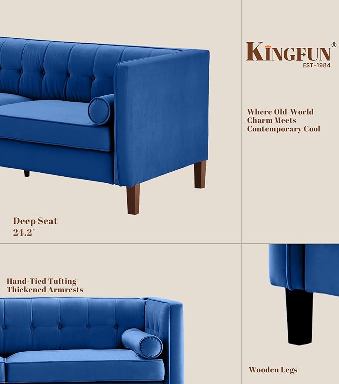 Kingfun 78 Couch for Living Room Mid Century Modern Sofa Velvet Loveseats with Bolster Pillows Home Sofa for Bedroom Blue