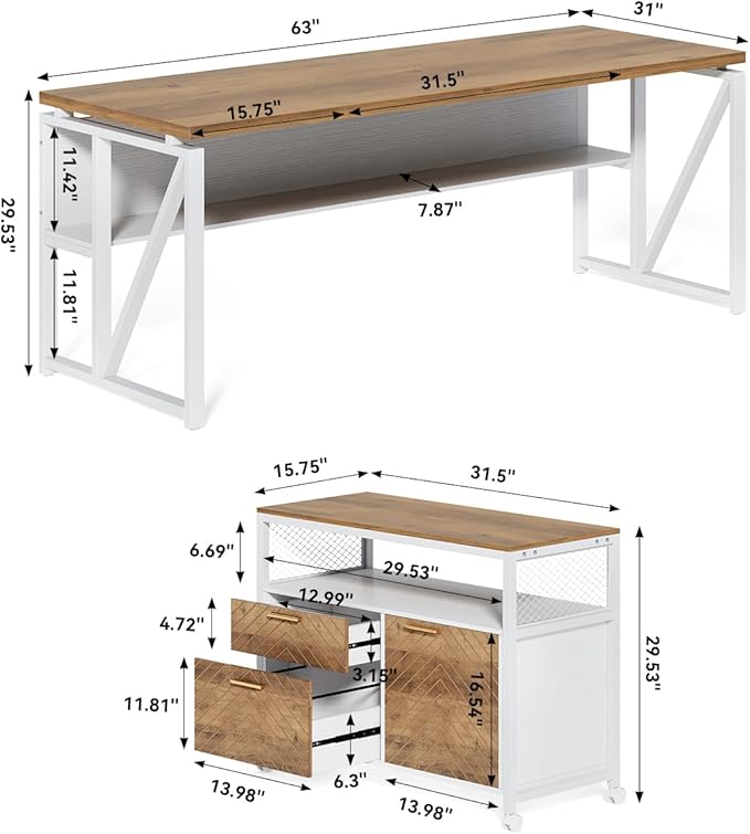 LITTLE TREE 63 L Shaped Executive Computer Desk and Drawer lateral File Cabinet Walnut