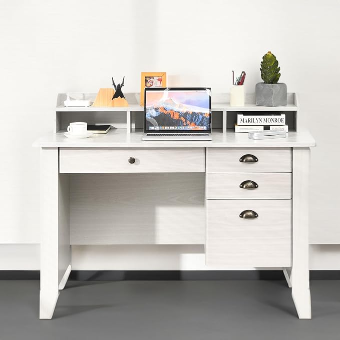 Safeplus 48 Computer Desk with 4 Storage Drawers and Hutch Wood Executive Table for PC Laptop