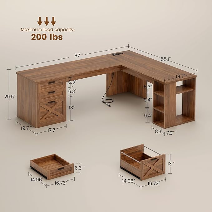 SEDETA 67 Farmhouse L Shaped Desk with 3 Drawers Executive Home Office Desks with Storage Shelves Corner Computer Desk with Power Outlets for Home Office Brown