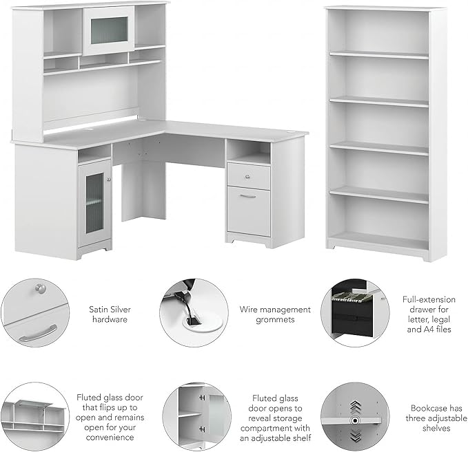 Bush Home Cabot 60W L Shaped Computer Desk with Hutch and 5 Shelf Bookcase in White