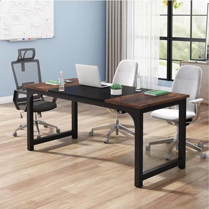 70.8 inch Executive Desk Rustic Office Computer Desk with Thick Metal Frame Vintage Workstation Writing Table Business Furniture for Office Study (Grey+Black)