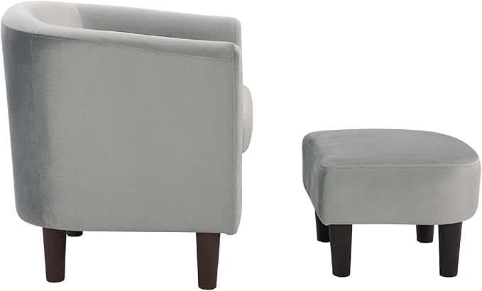 Velvet Accent Chair with Ottoman Modern Barrel Armchair Plush Lounge Chair for Living Room Bedroom Reading Nook 4 Colors (Gray)