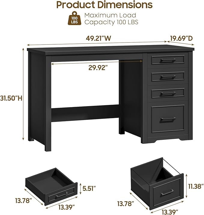 Vabches Farmhouse 49” Executive Desk with File Drawer 4 Drawers Reversible Computer Desk with Storage Rustic Home Writing Workstation for Home Office.Black