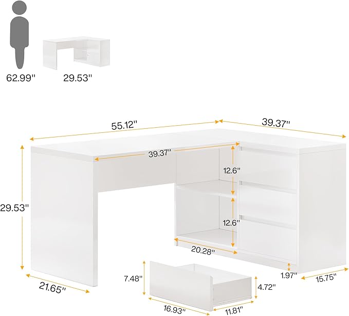 Tribesigns White L-Shaped Computer Desk with 3 Drawers 55-Inch Modern Gloss Corner Home Office Executive Desk with LED Lights and 2 Storage Shelves for Work Study Writing
