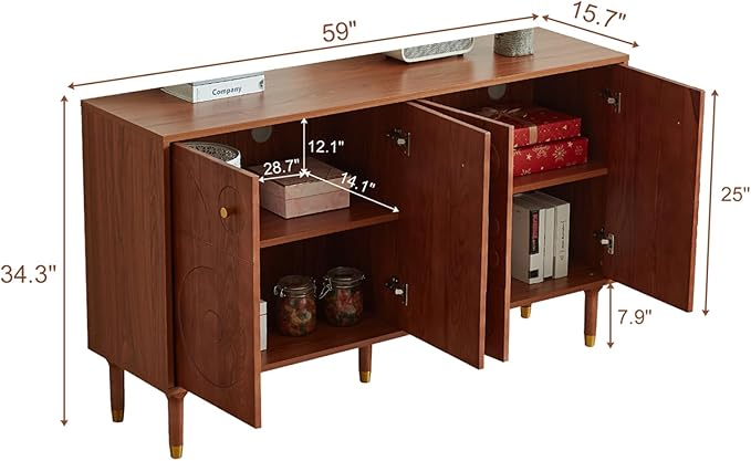 Modern TV Stand for 65 inch TV 59 Entertainment Center with Carved Geometric Doors TV Console with 4 Cabinet Storage Retro Art-Inspired Media Console for Living Room/Bedroom - Walnut