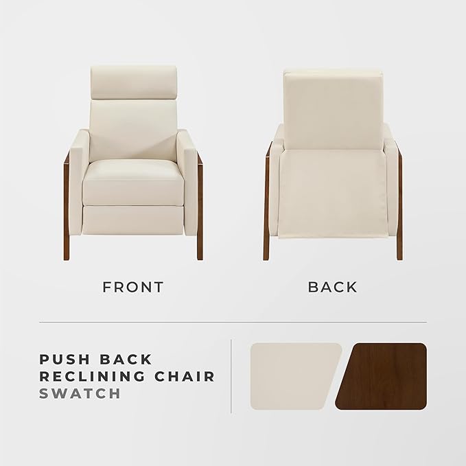 Lexicon Push Back Recliner Chair Faux Leather Upholstered Reclining Chair with Footrest Exposed Dark Brown Finish Wood Frame Small Recliner for Small Space Living Room Bedroom Light Beige