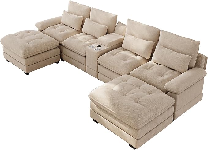 134U Shaped Sectional Couches for Living Room Oversized Modular Sectional Fluffy Couch with 2 Ottoman &amp Storage ConsoleModern 6 Seat Living Room Sofa with Glitter FabricTufted Buttons Camel