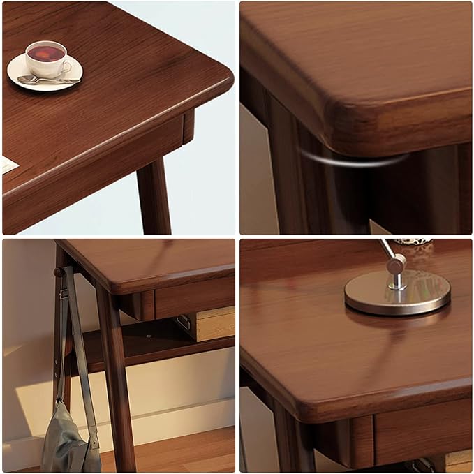 Solid Wood Writing Desk 47 Mid-Century Modern Walnut Desk Home Office Computer Desk with 2 Drawers and Storage Shelf Laptop Desk Study Table Work Desk Station