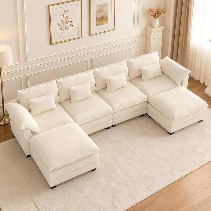 COMHOMA 153 U Shaped Sectional Sofa with Movable 2 OttomansComfy Cloud Modular Couch with Throw PillowsModern Chenille Deep Seat Sofa Couches for Living RoomBeige
