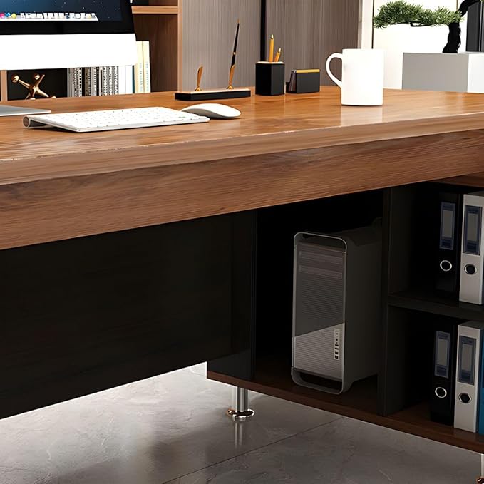 RUNNUP L-Shaped Executive Desk Contemporary Home Office Desk with Drawers and Cable Management Brown Writing Desk 63 L x 47 W x 31 H Left Hand Return