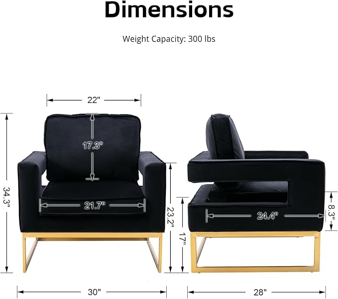 HEAH-YO Modern Accent Chair Set of 1 Upholstered Velvet Living Room Chair with Armrests Comfy Small Side Arm Chair with Gold Metal Legs for Bedroom Black
