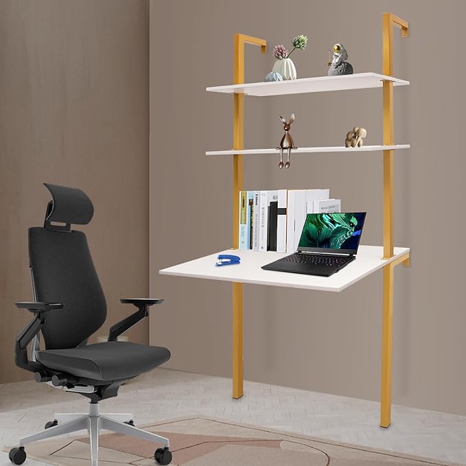 Wall Mounted Desk Computer Writing Table Industrial Wall Mount Ladder 3 Tier Computer Desk for Home Office Student Dormitories (Gold+White)