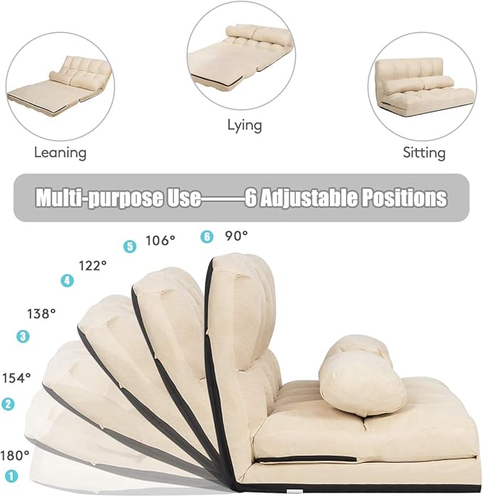 S AFSTAR Safstar Floor Folding Couch and Futon Sofa 6-Position Fabric Sleeper Sofa Bed with 2 Pillows and Sponge Filling Adjustable Lazy Sofa for Living Room and Bedroom(Beige)