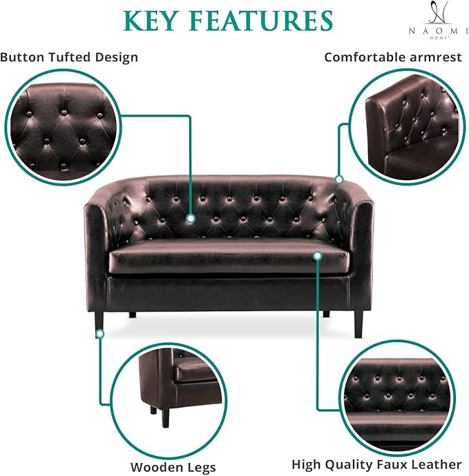 Emma Modern Loveseat Sofa – Faux Leather Love Seat Couch with Plush Cushions Solid Wood Frame Button-Tufted Design Stain-Proof Upholstery Small Loveseat for Bedroom Office &amp Small Spaces