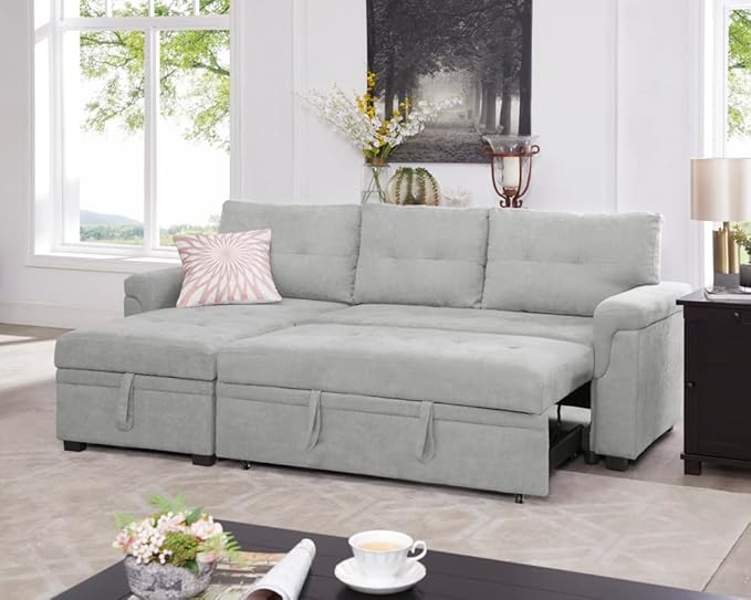 Naomi Home 85 in. Convertible Sofa with Storage Reversible L Shape Sofa Couch with Chaise Comfy Couches for Living Room Gray/Velvet