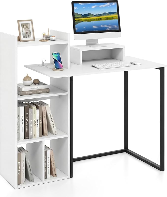 Tangkula Computer Desk with Charging Station 43.5 Study Desk with Ergonomic Monitor Stand &amp Storage Shelves Corner Writing Desk with Metal Frame Modern Home Office Computer Workstation
