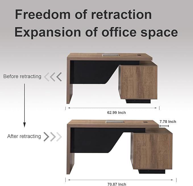 Modern Executive Desk Rectangle Office Desk with Storage Cabinet Width Adjustable Standing Desks Stand Under Table Storage Organizer Mahogany