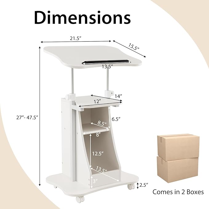 POWERSTONE 2PCS Sit to Stand Mobile Lectern Teacher Podium Portable Height Adjustable Podium Stand Rolling Laptop Desk Cart with Storage Shelf Swivel Top for Classroom Concert Church White