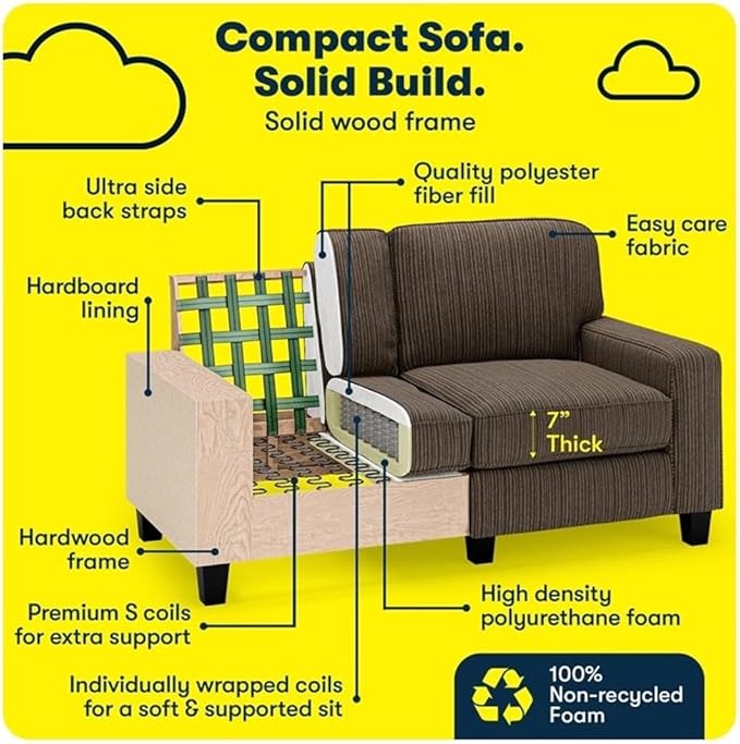 Pemberly Row 61 Track Arm Sofa Loveseat Brown Upholstered Fabric Removable Covers Compact Space-Saving Design Solid Wood Frame High-Density Foam Cushions Modern Living Room or Home Office