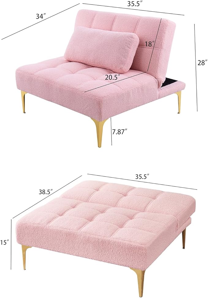 35.5 Convertible Single Sofa Chair Small Futon Chair with Adjustable Backrest Comfy Armless Accent Chair with Pillow Modern Mini Couch Bed with Gold Metal Legs for Living Room Bedroom Pink