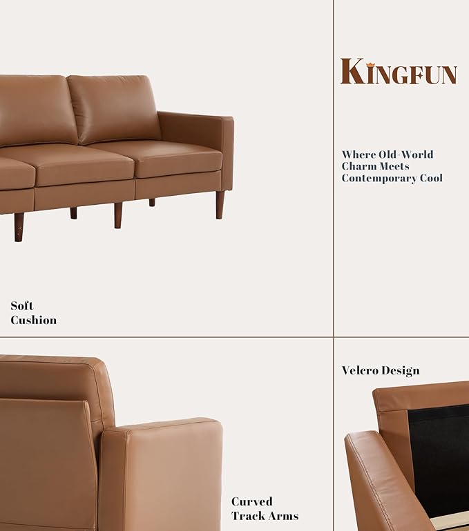 Kingfun 91.7 Faux Leather Sofa with Chair 3 Seater Couch Mid Century Modern Couches with Solid Wood Legs for Living Room &amp Bedroom Coffee