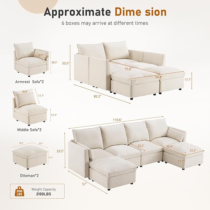 Furnimart 110.6 Modular Sectional Sofa with Full Seat Storage U-Shaped 6-Seater Deep Seat Couch with Chenille Fabric Sectional with 2 Movable Ottomans for Living Room Beige