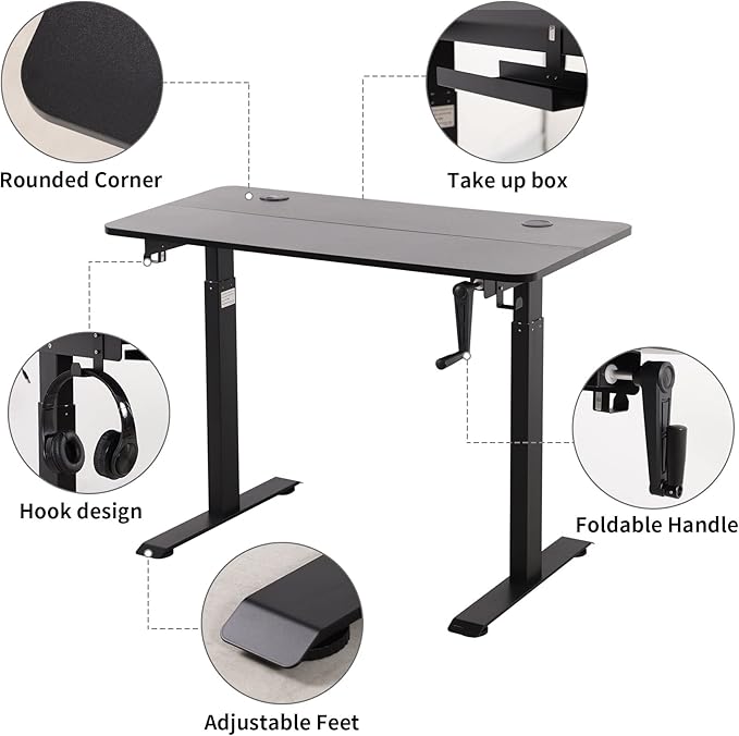 UNICOO - Crank Adjustable Height Standing Desk Game Table Home Office Table Computer Table with USB and Wireless Charger (NTCSET-01 - Black - M2)