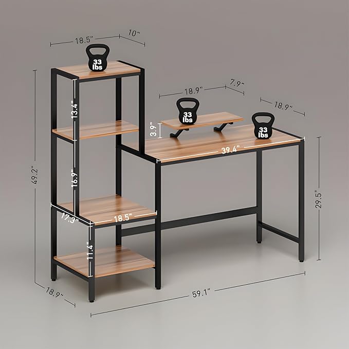 Computer Desk with Reversible Shelves Small Home Office Desk with Monitor Stand Metal Frame Wood Work Desk with Storage for Study Workspace