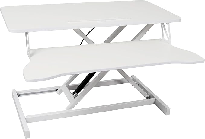 32 Inch Stand Up Laptop Desk Converter Heavy Duty Height Adjustable Standing Computer Workstation Riser with Removable Keyboard Tray for Home Office Workshop Spacious Platform for Monitor White