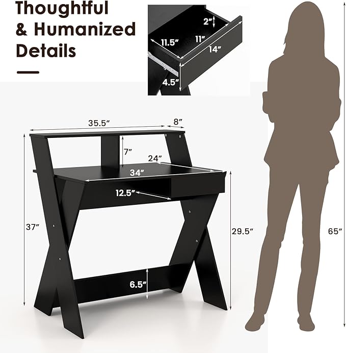 Tangkula 2-Tier Computer Desk with Storage Drawer Small Writing Desk with Monitor Stand Riser Thoughtful Footrest &amp X-Shaped Legs Compact Study Table for Small Space Home &amp Office (Black)