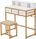 32 Small PC Desk with PU Leather Stool Vanity Dressing Table with 3 Open Shelves and Drawers Work Writing Desks for Corner Bedroom Home Office White/Gold