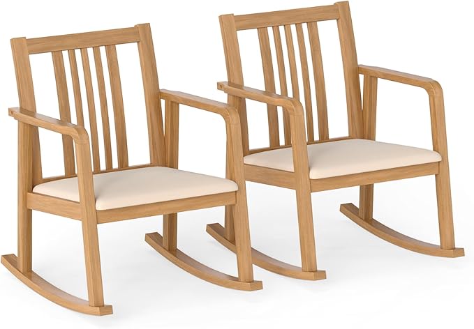Giantex Rocking Chair with Cushioned Seat Indoor Solid Rubber Wood Rocker Chair w/Slatted Back &amp Curved Armrests Wooden Accent Armchair for Living Room Bedroom Study Porch (2Natural + Beige)