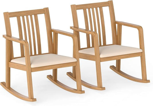 Giantex Rocking Chair with Cushioned Seat Indoor Solid Rubber Wood Rocker Chair w/Slatted Back &amp Curved Armrests Wooden Accent Armchair for Living Room Bedroom Study Porch (2Natural + Beige)